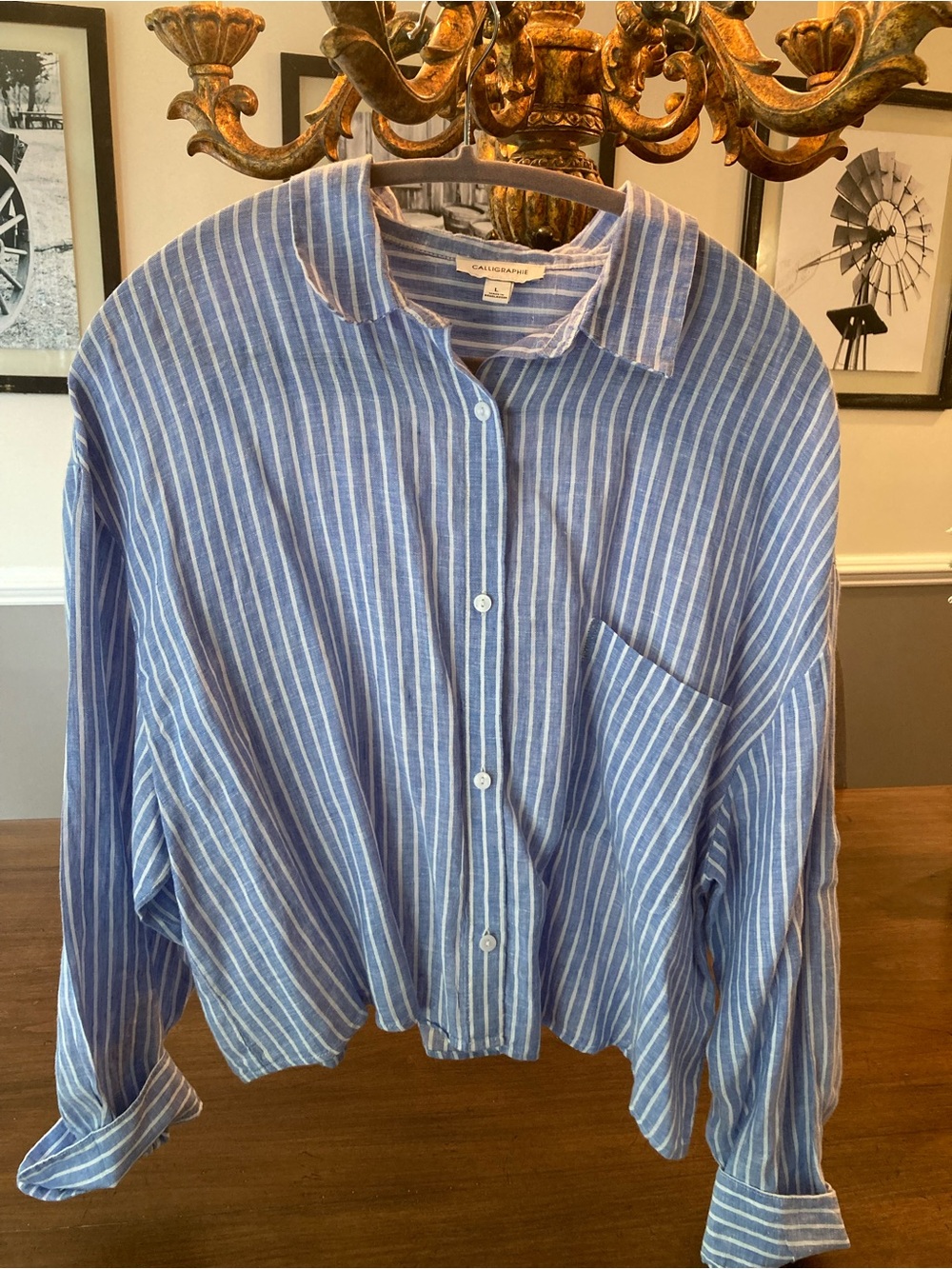 Calligraphies linen Blue Stripe Button-Down Shirt